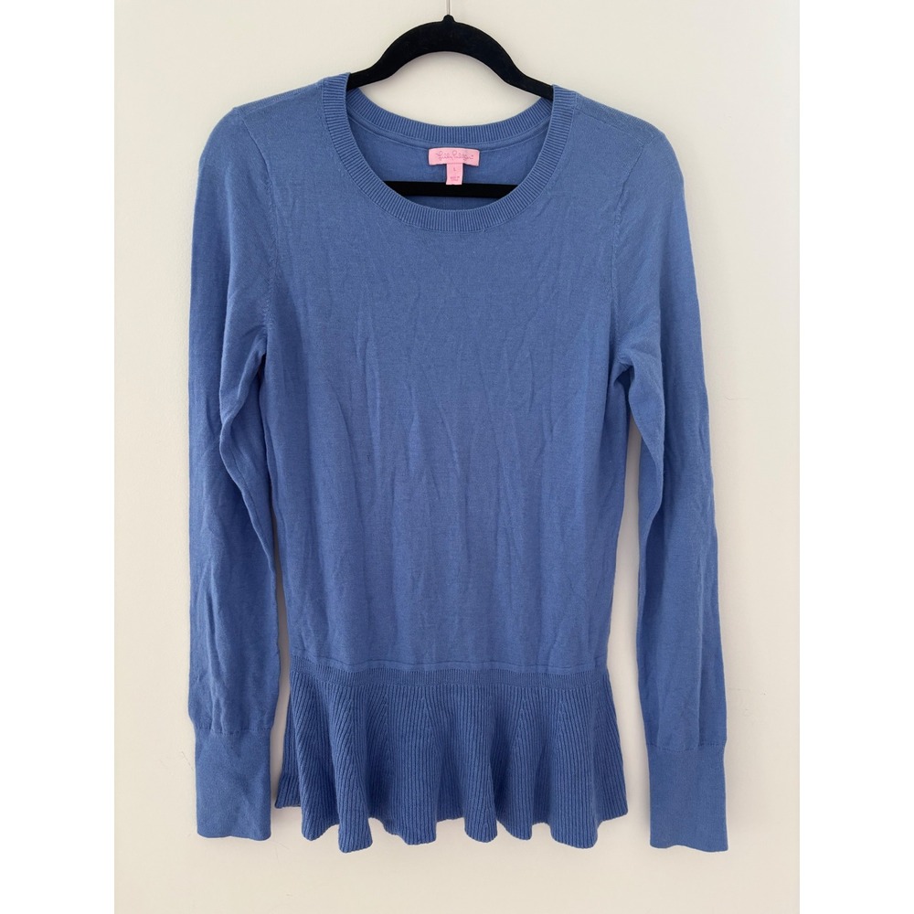 Lilly Pulitzer Blue Peplum Back Button Wool Blend Sweater Womens Large‎ 62761